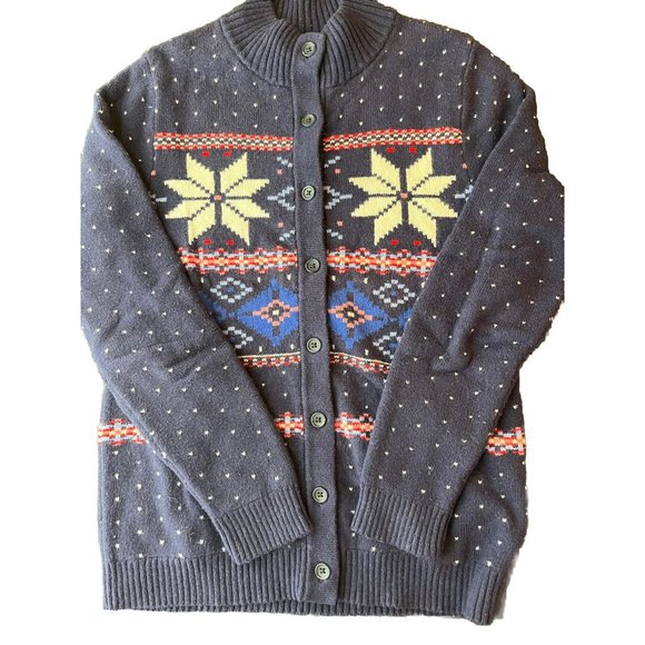 Lands End Cardigan Sweater Fair Isle Heavyweight Blue Button Up Cotton Winter S - Picture 1 of 13